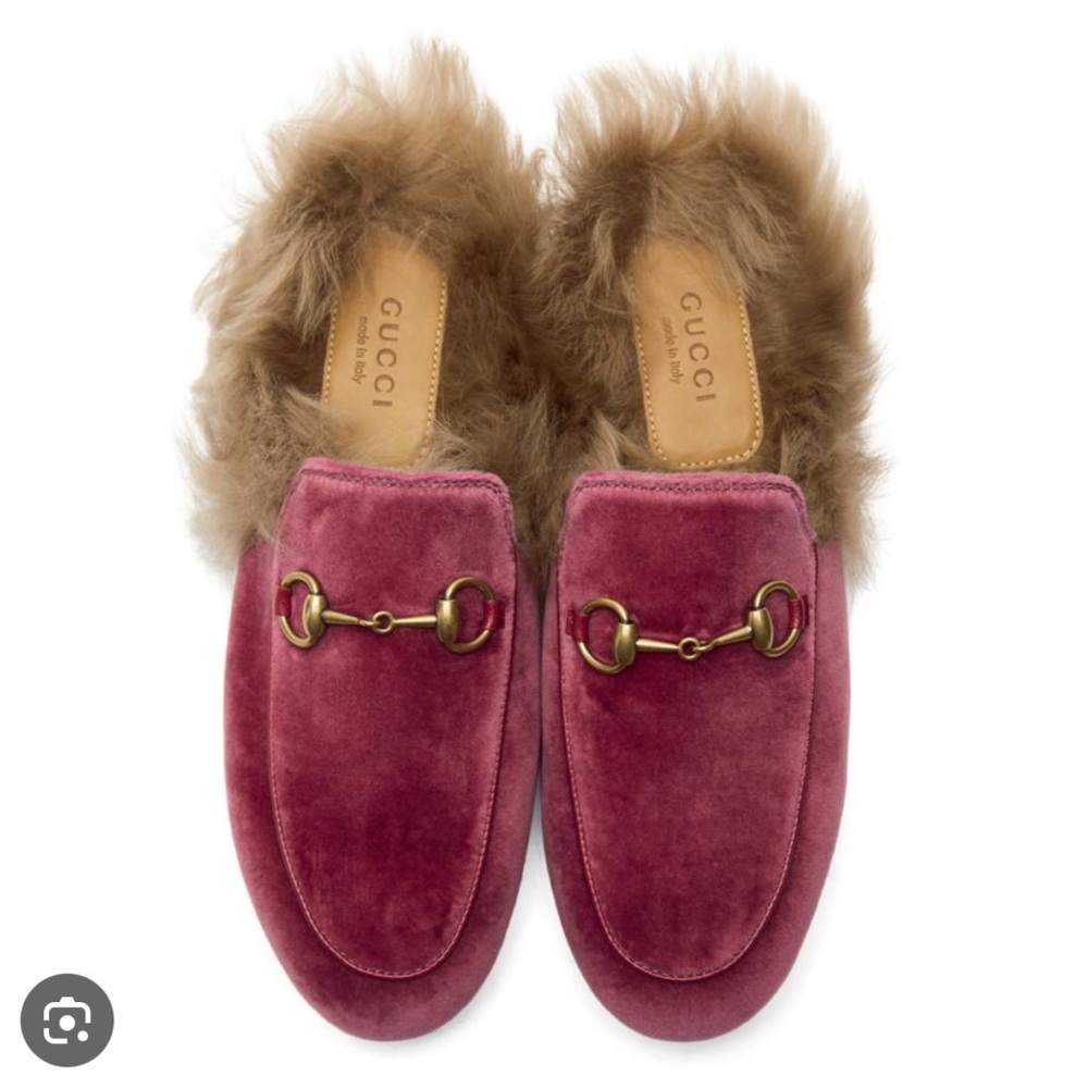 Gucci Princetown Pink Velvet Horsebit Fur-Lined Mules Loafers EU 39 US 8.5